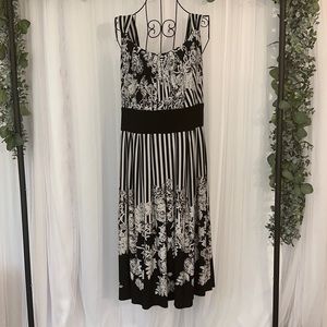 Patterned Wide Strap Stripe and Floral Midi Dress 🖤